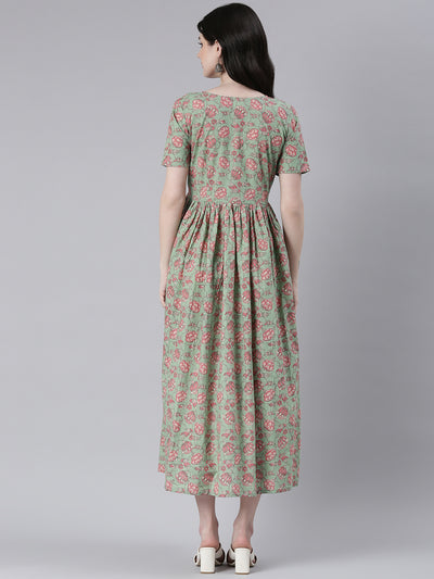 EXP - Mahandi Green Printed  Nursing dress