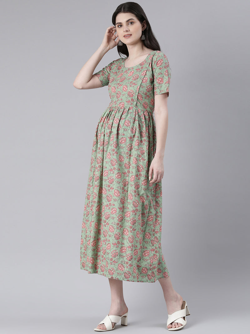 EXP - Mahandi Green Printed  Nursing dress