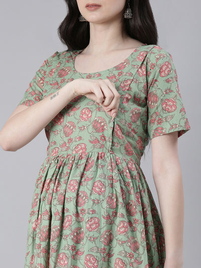 EXP - Mahandi Green Printed  Nursing dress