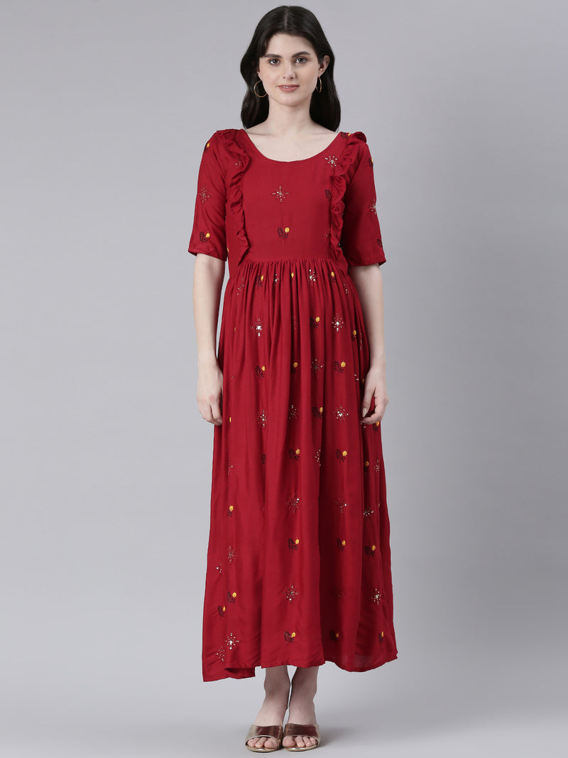 EXP - Burgundy Red Embroidered  Nursing  Dress