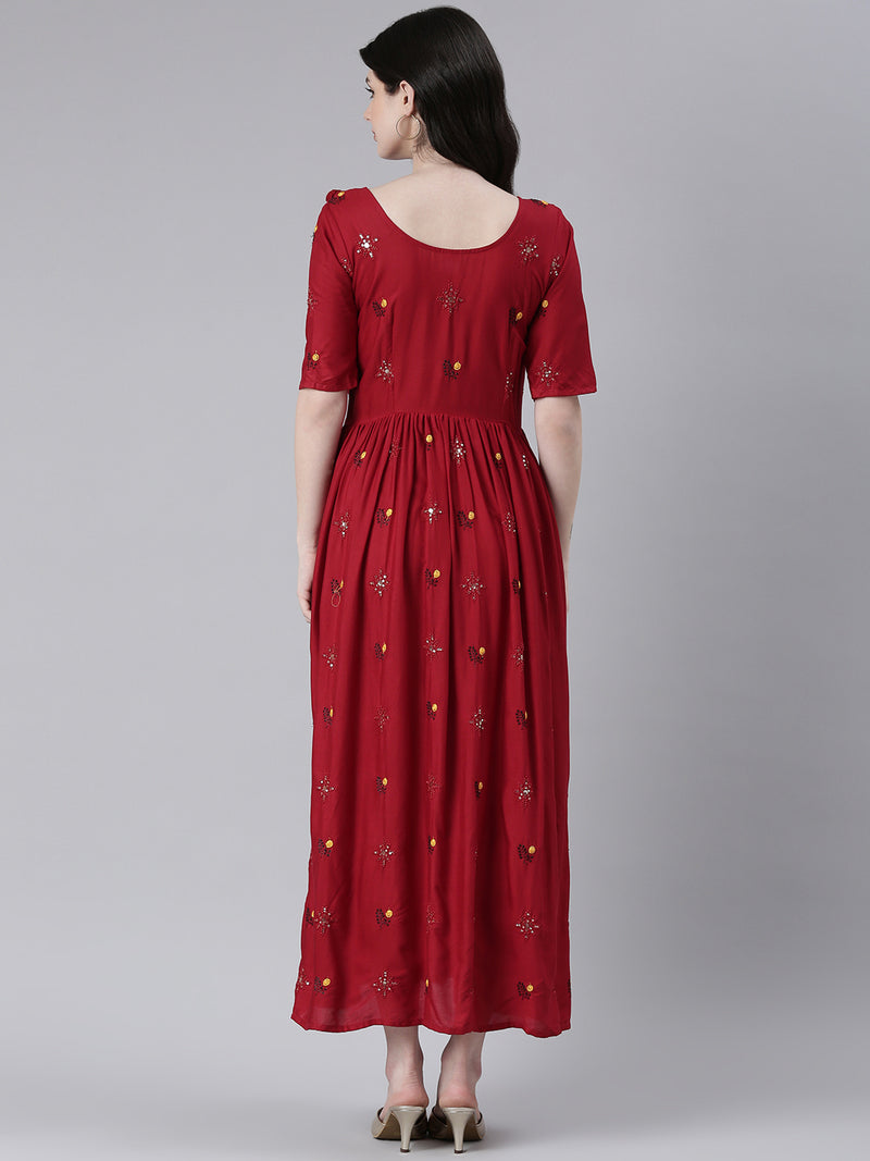 EXP - Burgundy Red Embroidered  Nursing  Dress