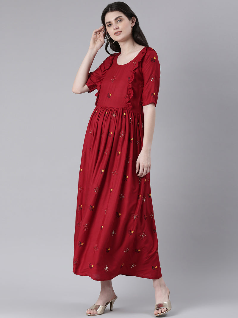 EXP - Burgundy Red Embroidered  Nursing  Dress