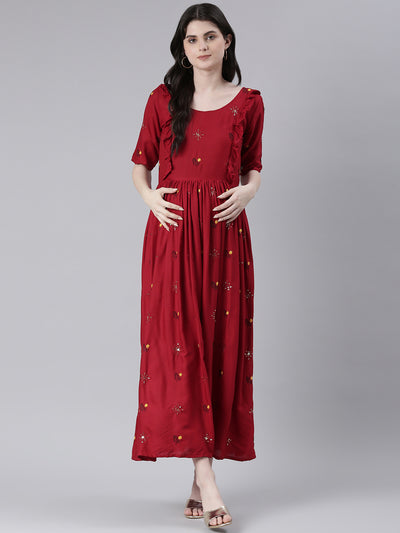 EXP - Burgundy Red Embroidered  Nursing  Dress