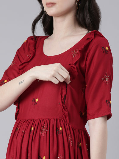 EXP - Burgundy Red Embroidered  Nursing  Dress