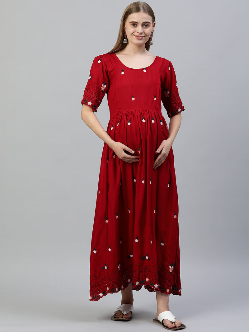 EXP - Crepe Red Cutwork Border  Nursing  Dress