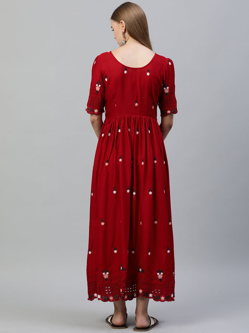 EXP - Crepe Red Cutwork Border  Nursing  Dress