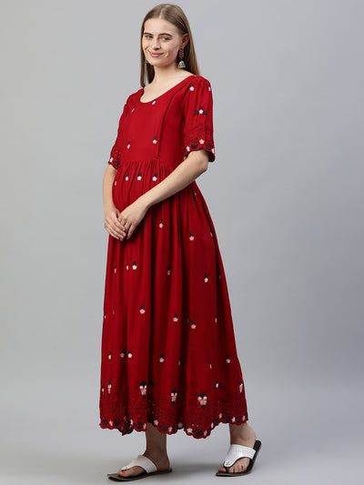 EXP - Crepe Red Cutwork Border  Nursing  Dress