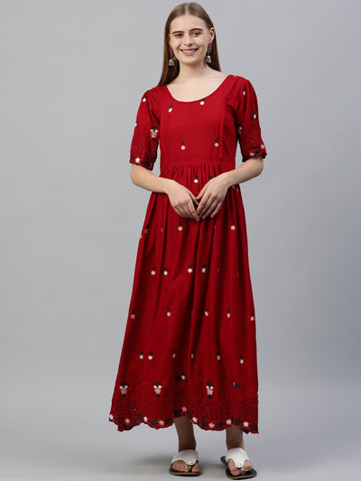 EXP - Crepe Red Cutwork Border  Nursing  Dress