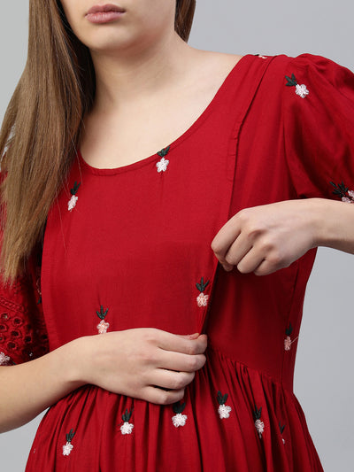 EXP - Crepe Red Cutwork Border  Nursing  Dress