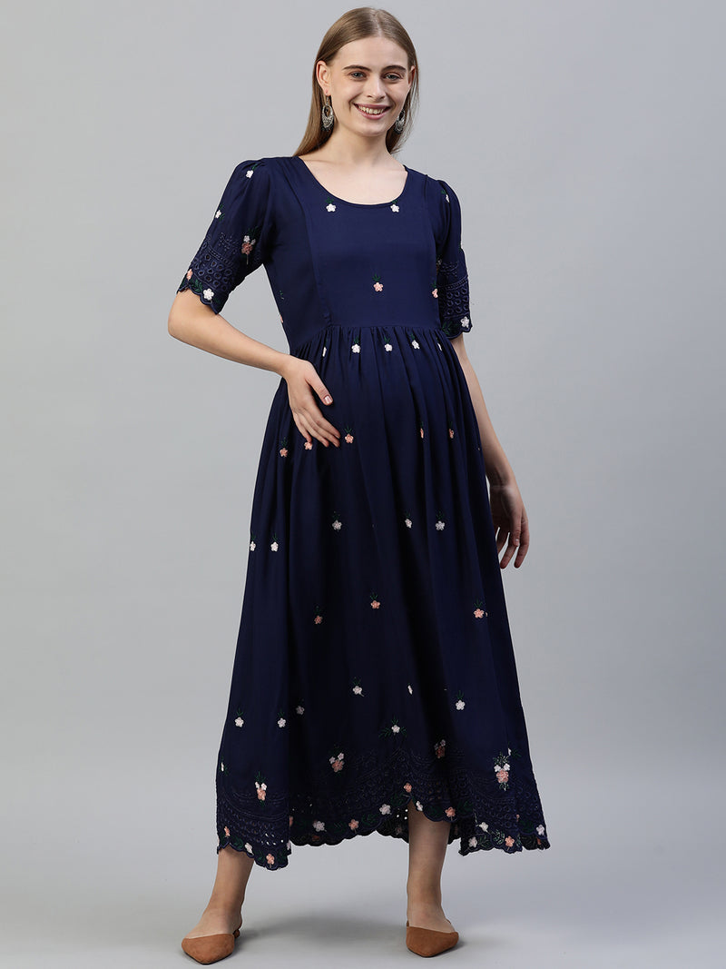 EXP - Brasso Navy Blue Cutwork Border  Nursing  Dress