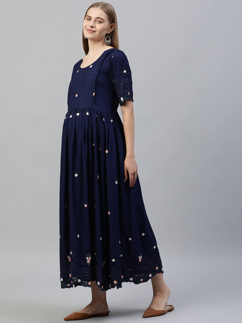 EXP - Brasso Navy Blue Cutwork Border  Nursing  Dress