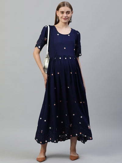 EXP - Brasso Navy Blue Cutwork Border  Nursing  Dress