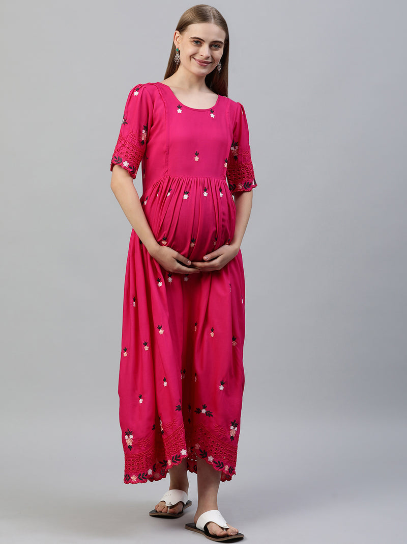 EXP - Rosee Pink Cutwork Border  Nursing  Dress