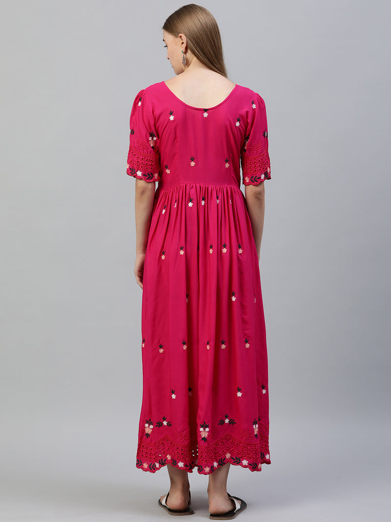 EXP - Rosee Pink Cutwork Border  Nursing  Dress