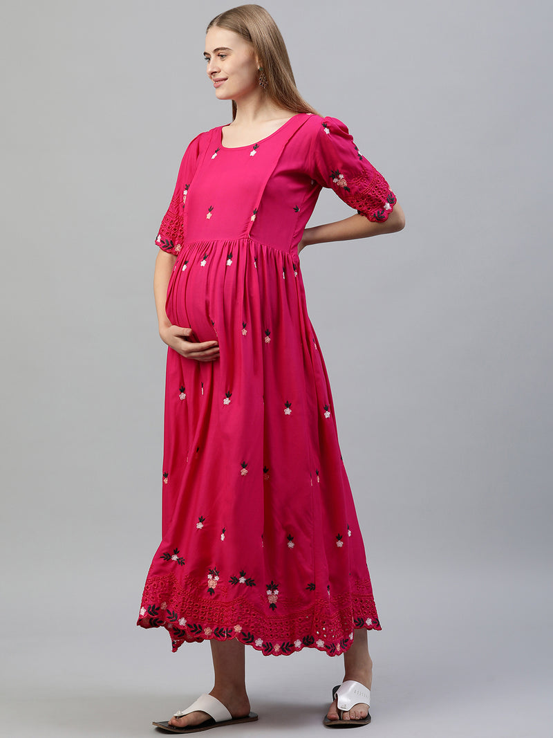 EXP - Rosee Pink Cutwork Border  Nursing  Dress