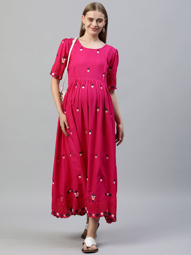 EXP - Rosee Pink Cutwork Border  Nursing  Dress