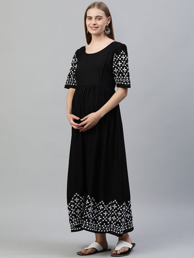 EXP - Black Faux Mirror Work Border Nursing Dress