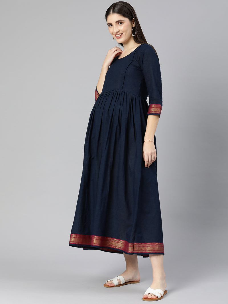 EXP - Rich Terracotta Navy Blue Mangalgiri  Nursing  Dress