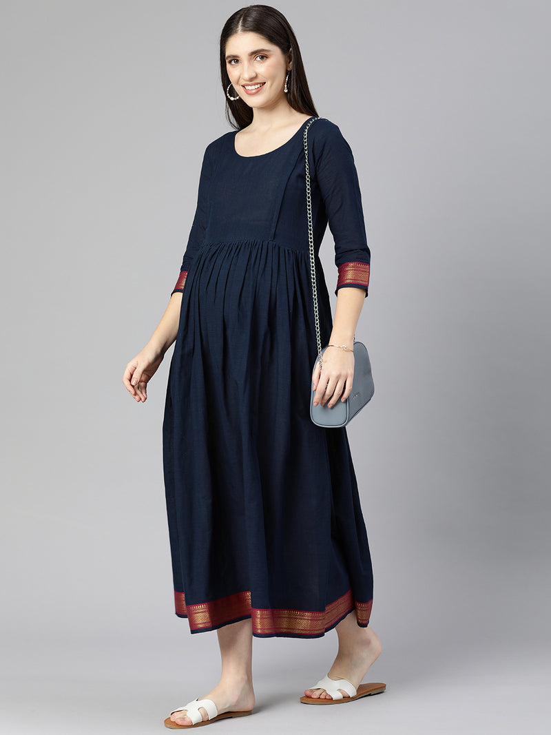 EXP - Rich Terracotta Navy Blue Mangalgiri  Nursing  Dress