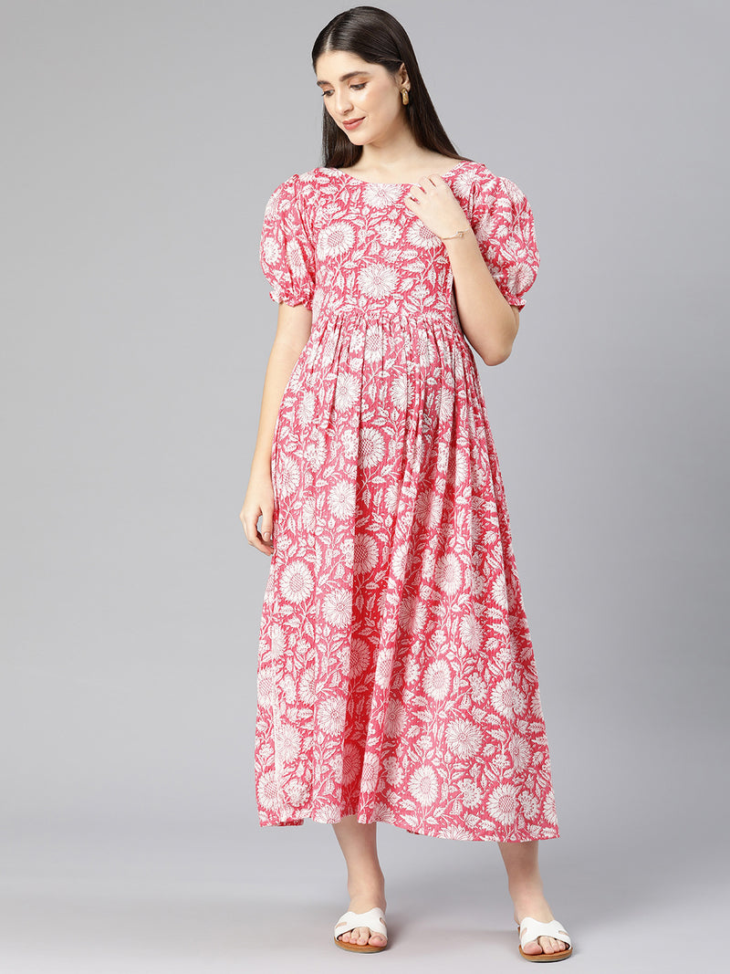 EXP - Negen Pink Floral Print  Nursing  Dress