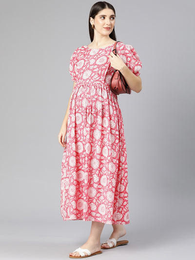 EXP - Negen Pink Floral Print  Nursing  Dress