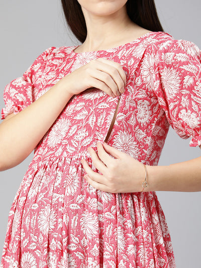 EXP - Negen Pink Floral Print  Nursing  Dress