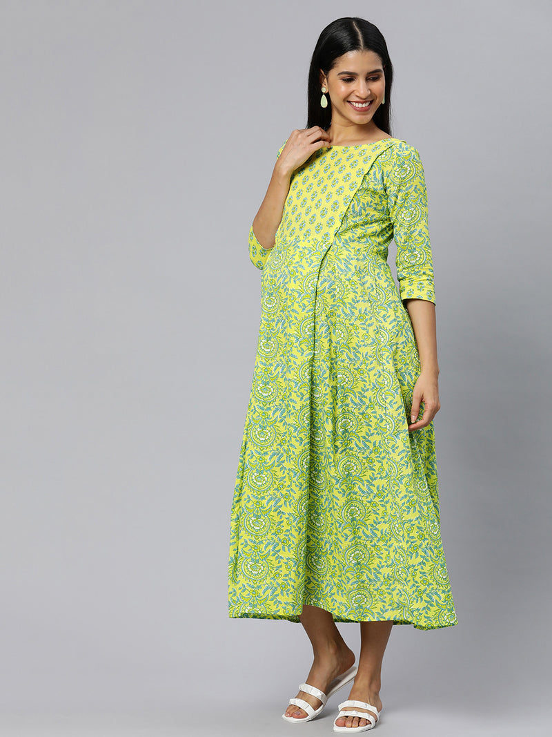 EXP - Oxso Yellow Floral Print Cotton  Nursing  Dress