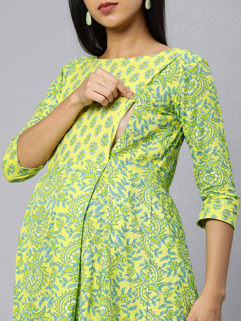 EXP - Oxso Yellow Floral Print Cotton  Nursing  Dress