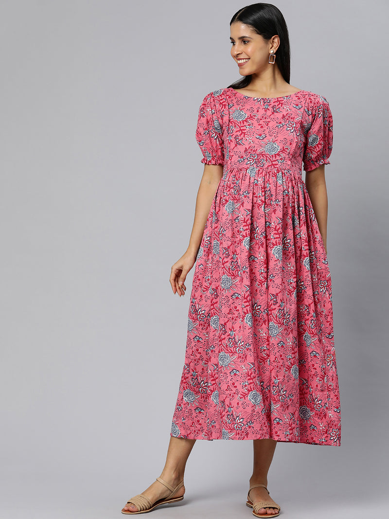 EXP - Yaya Peach & Grey Floral Printed Cotton  Nursing Dress