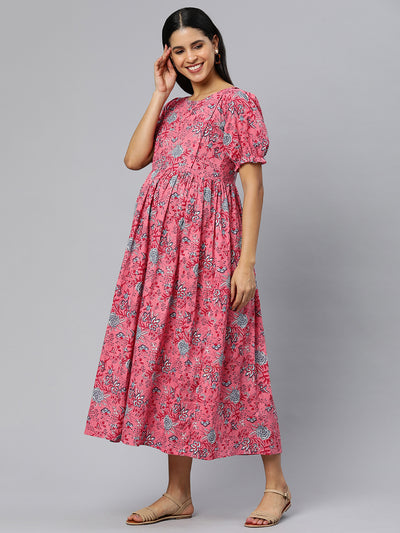 EXP - Yaya Peach & Grey Floral Printed Cotton  Nursing Dress