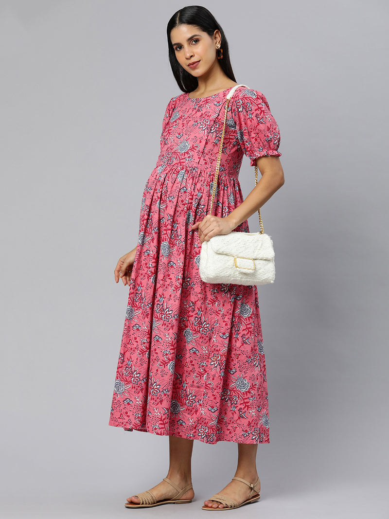 EXP - Yaya Peach & Grey Floral Printed Cotton  Nursing Dress