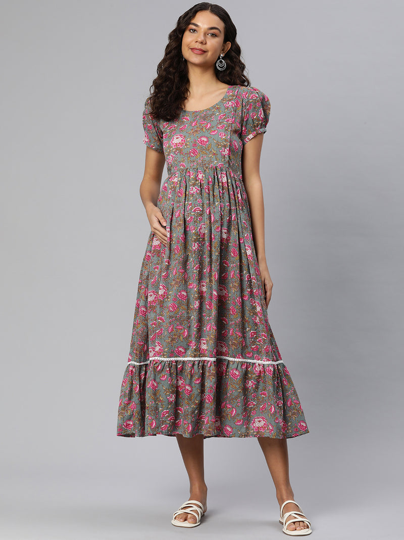 EXP - Fairy Grey And Pink Floral  Nursing  Dress