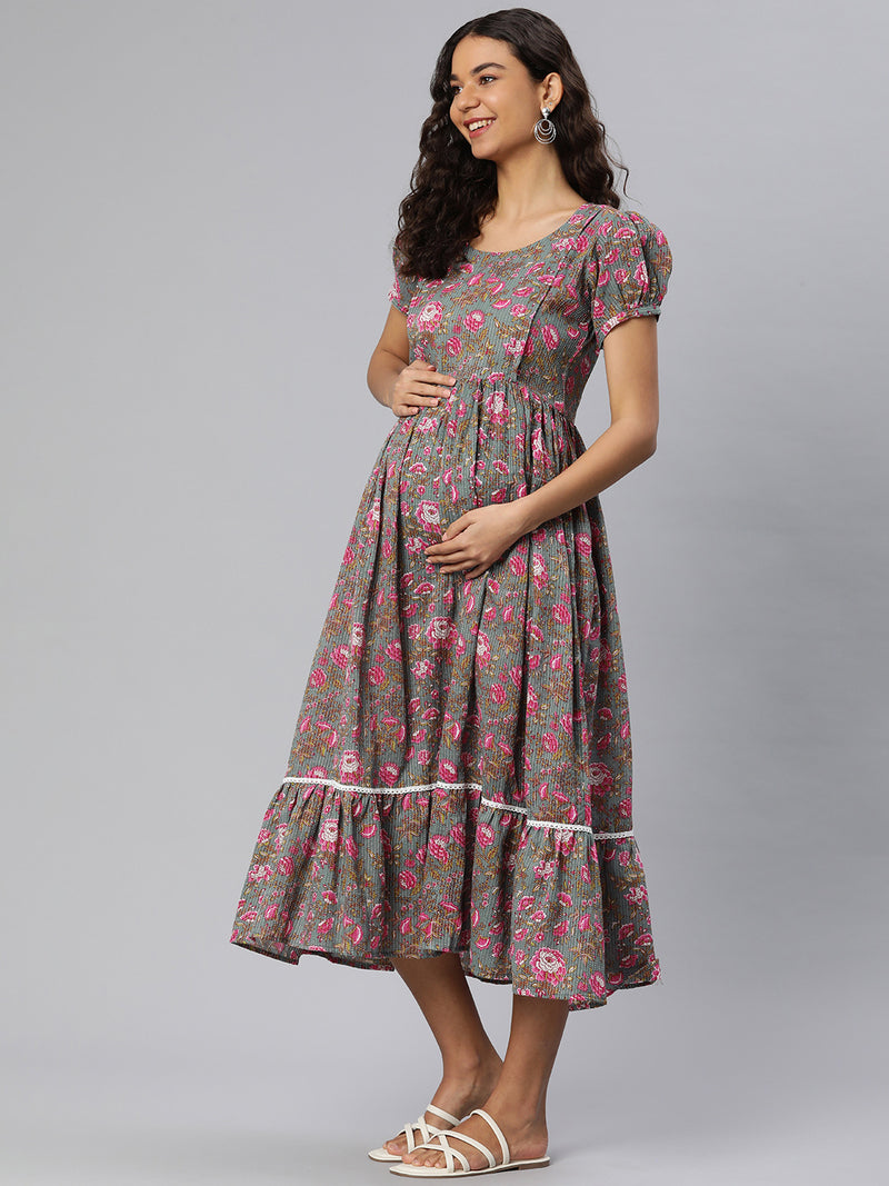 EXP - Fairy Grey And Pink Floral  Nursing  Dress