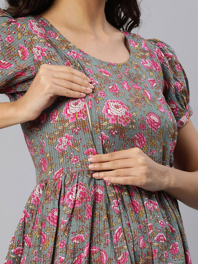 EXP - Fairy Grey And Pink Floral  Nursing  Dress