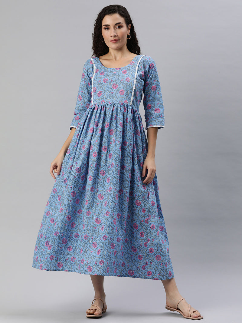 EXP - Rhombus Blue Floral Print  Nursing  Dress