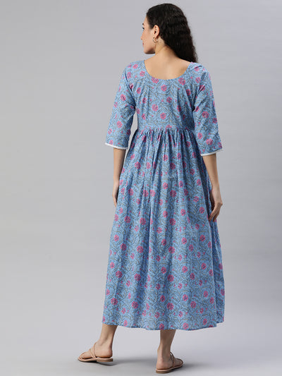 EXP - Rhombus Blue Floral Print  Nursing  Dress