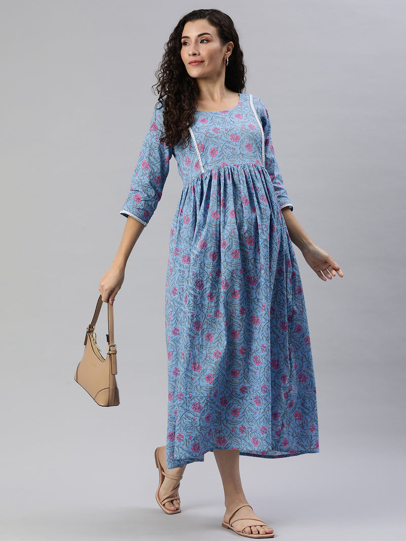 EXP - Rhombus Blue Floral Print  Nursing  Dress