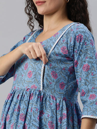 EXP - Rhombus Blue Floral Print  Nursing  Dress