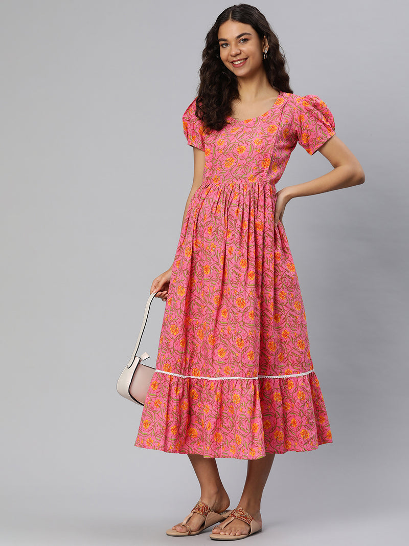 EXP - Creamy Pink And Yellow Floral Print  Nursing  Dress