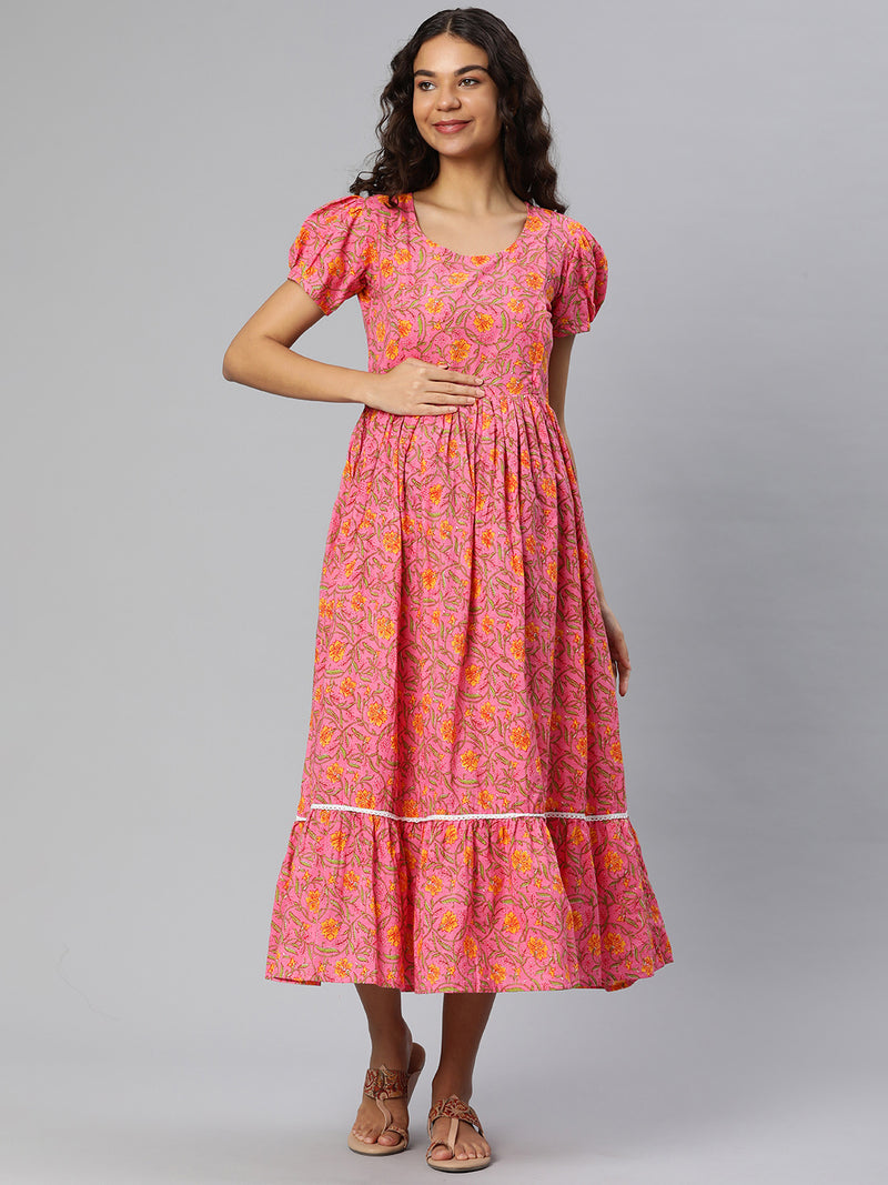 EXP - Creamy Pink And Yellow Floral Print  Nursing  Dress