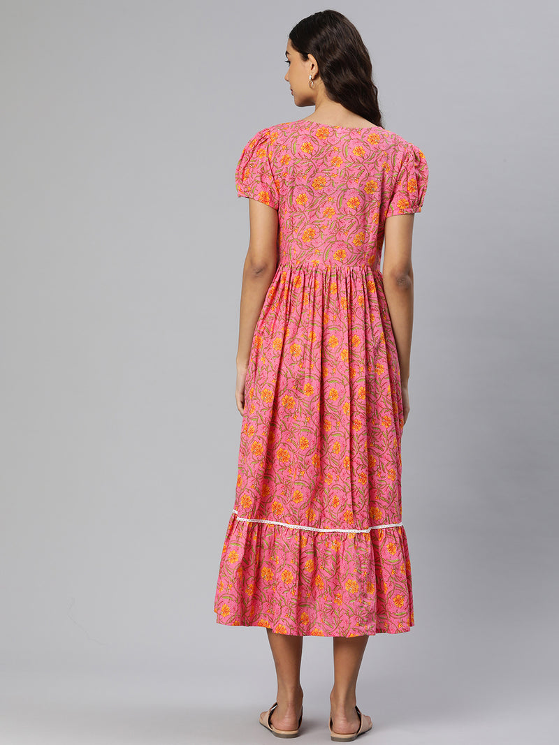 EXP - Creamy Pink And Yellow Floral Print  Nursing  Dress