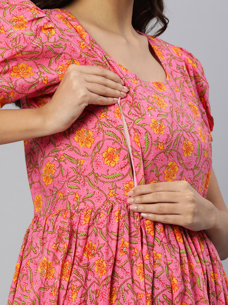 EXP - Creamy Pink And Yellow Floral Print  Nursing  Dress