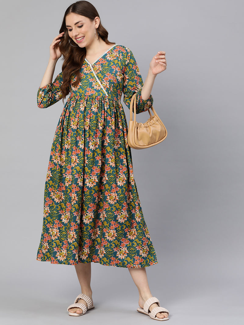 EXP - Teal floral print Nursing Dress