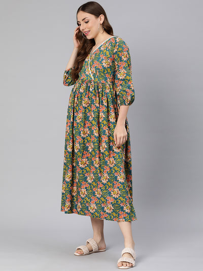 EXP - Teal floral print Nursing Dress