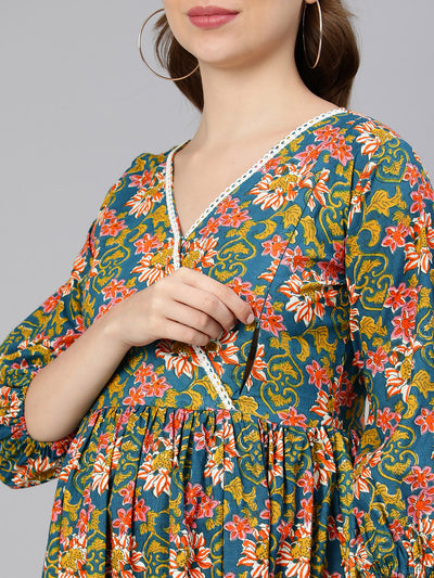 EXP - Teal floral print Nursing Dress