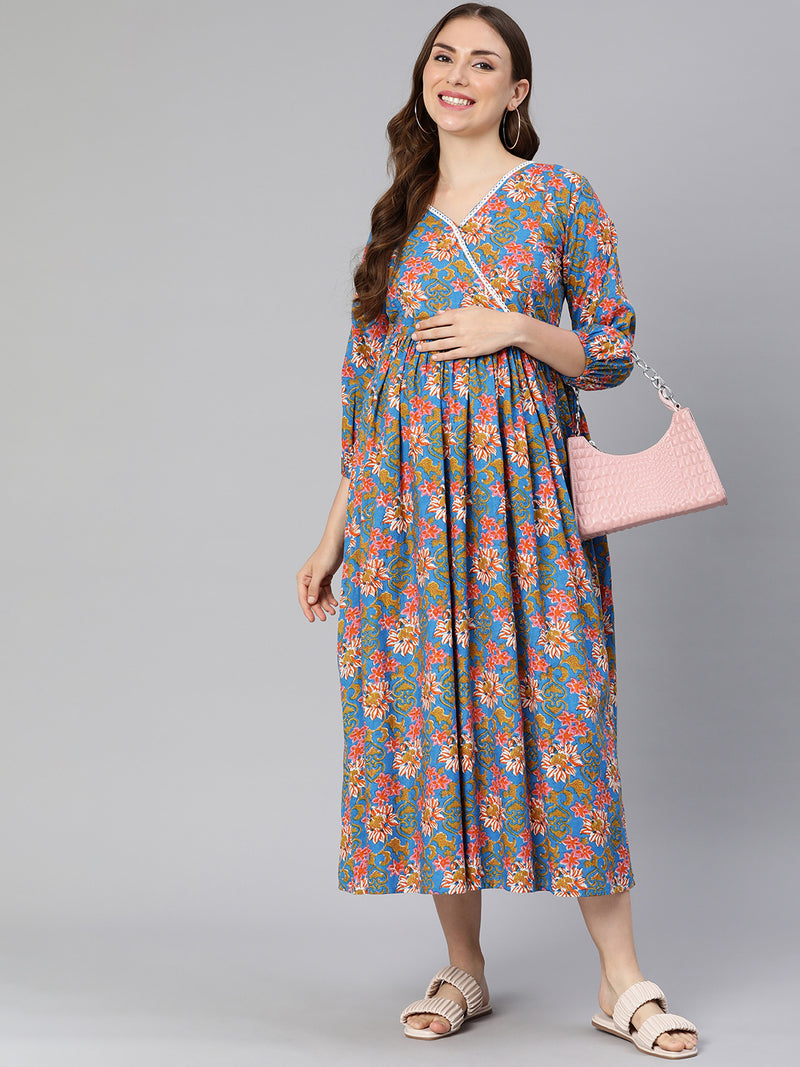 EXP - Blue floral print Nursing Dress