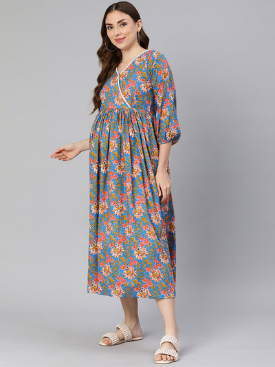 EXP - Blue floral print Nursing Dress