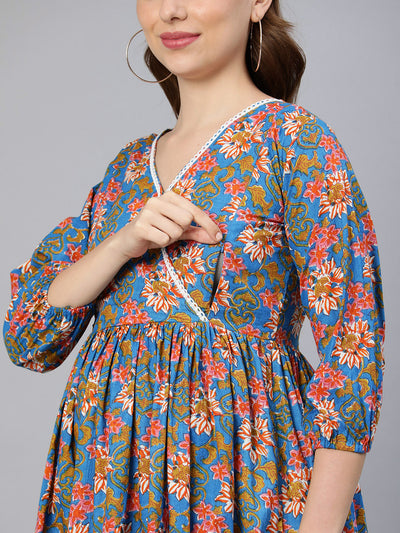 EXP - Blue floral print Nursing Dress