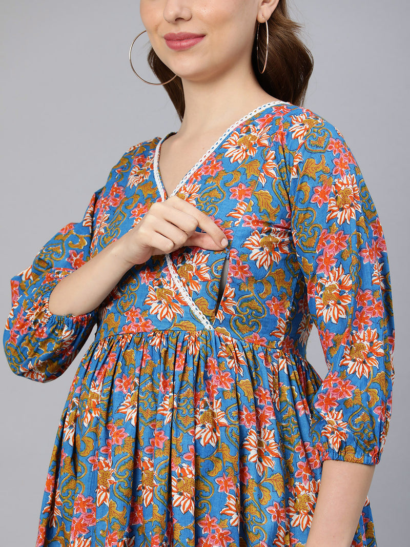 EXP - Blue floral print Nursing Dress