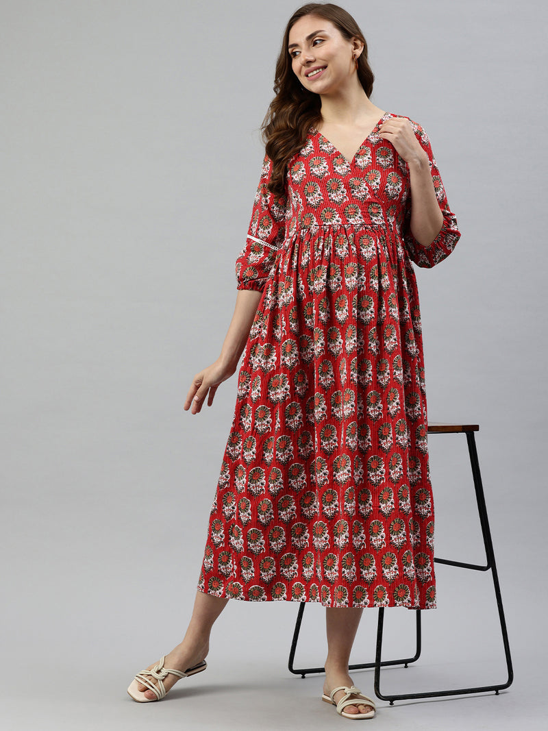 EXP - Candy Red Floral Print  Nursing  Dress